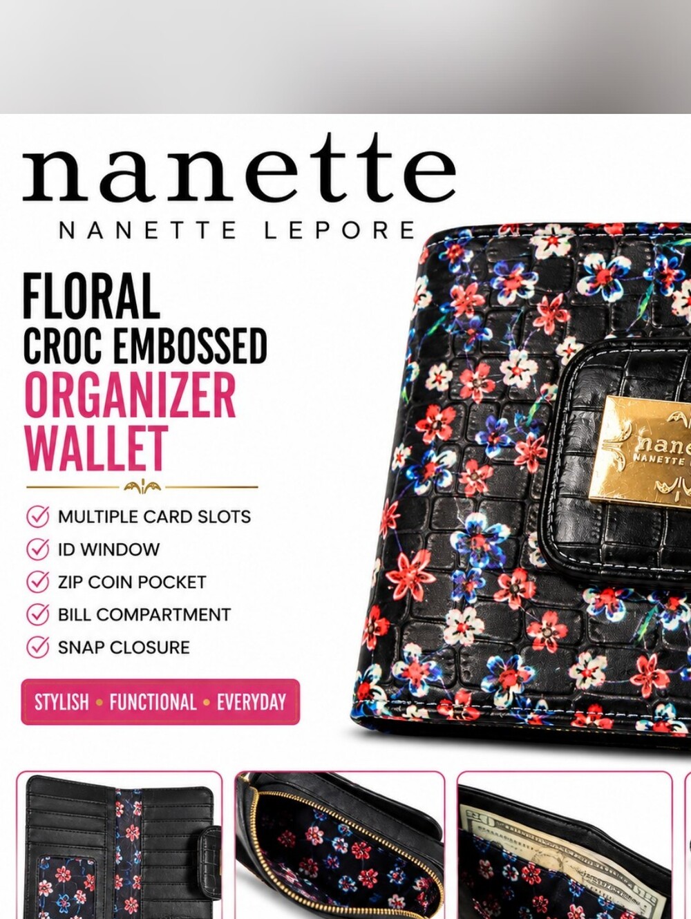 Nanette Lepore Black Floral Embossed Wallet with Red, Blue, White Flowers